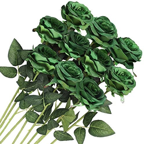 Veryhome 10 Stücke Künstliche Rosen Silk Blumen Gefälschte Flowers Braut Hochzeit Bouquet Für Hausgarten Geburtstag Party Home Wedding Dekor (Dunkelgrün)