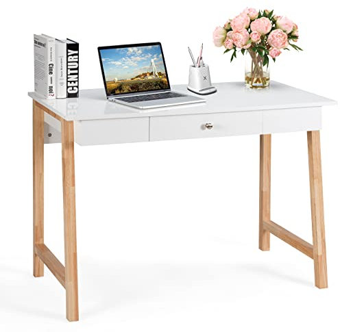 Giantex Escritorio de Madera con 1 Cajón, Mesa de Ordenador con Superficie Grande, Patas de Madera Maciza, Escritorio para Estudio y Oficina, de Estilo Moderno, 106,5 x 50 x 75,5 cm (Natural)