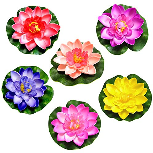 Lirios de agua artificiales, 6 unidades de loto artificiales, decoración flotante para estanque, plantas artificiales, nenúfares, plantas de estanque, decoración para acuario, terraza, jardín,