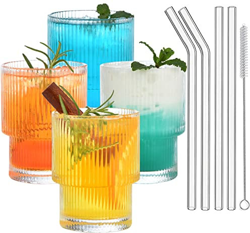 ALINK 200ml Mini gerippt Trinkgläser mit Glas Strohhalme 4pcs Set, Wassergläser,Longdrinkgläser,Trinkgläser,Vintage Eiskaffee Tassen, für Coocktail, Whiskey, Bier - Reinigungsbürste