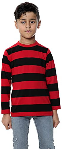 WickedFun® Kids Unisex Long Sleeved Stripe Crew Neck T-Shirt Boys Girls Casual Striped T-Shirts Ages 5-13 Years (Red & Black, 7-8 Years)