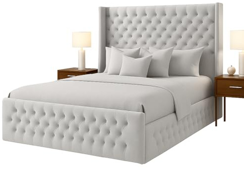 Atomic Sleep Luxury Chesterfield Wingback Bed Frame - Upholstered in Plush Velvet Fabric with Mattress/Gas Lift Option - UK Made (Silver Plush, Kingsize 5ft with mattress)