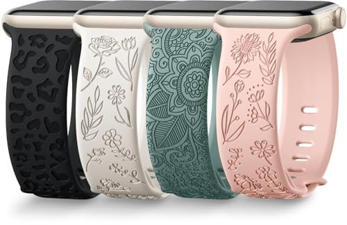 Upeak 4 Pezzi Cinturini con Incisione Multipla Compatibile con Cinturino Apple Watch 40mm 41mm 38mm Donna, Bracciale Sport in Silicone Fiori Leopard per iWatch Ultra SE Serie 9 8 7 6 4 3 2, Set A