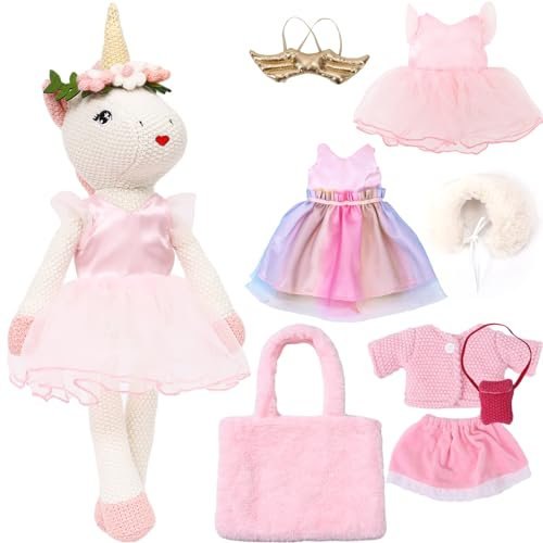 Tacobear Einhorn Geschenke Mädchen 3 4 5 6 7 Jahren Einhorn Gehäkelte Puppe Doll Kuscheltier Stofftier Plüschtier mit 3 Outfits Flügel Tasche Kinder Einhorn Spielzeug Geschenk für Mädchen