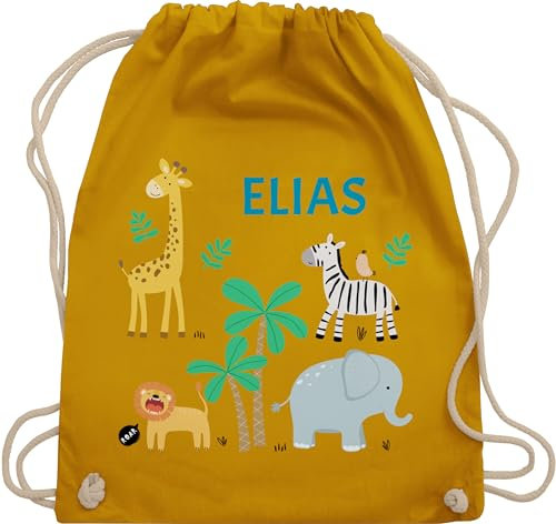 Turnbeutel Rucksack - Safari Tiere Zootiere Zoo Giraffe Zebra Löwe Elefant - Unisize - Senfgelb - kindergarten tasche kita baumwolle beutel personalisierte geschenke stoffbeutel