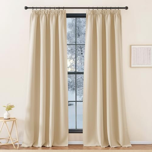 KGORGE Thermovorhang Kräuselband Wohnzimmer Gardinen für Schienensystem 2er Set 260 x 140 cm(HxB) Verdunklungsvorhänge Thermo Vorhang Blickdicht, Biscotti Beige
