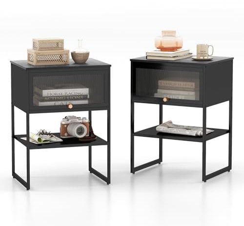 COSTWAY Bedside Table with Flip Up Door, Modern Nightstand Sofa Side Table with Open Storage Shelf, Metal Frame Bedside Cabinet Accent End Table for Living Room Bedroom (2, Black)