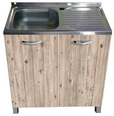 MABEL Mobile Sottolavello Cucina Node Organizer in Legno Nobilitato con Lavello da Appoggio in Acciaio Vasca a Sinistra con Gocciolatoio - L 80 cm x P 50 cm x H 83,5 cm