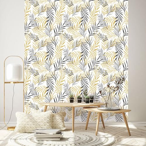 Ambiance Sticker Carta da parati in tessuto non tessuto pre-incollato, rotolo da carta da parati con foglie di palma tropicali, adesivo decorativo, 1 rotolo da 300 x 60 cm