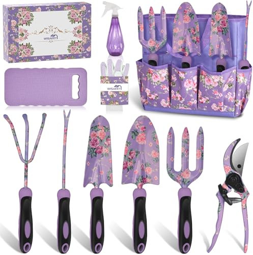 Gardening Tools, WisaKey 10 Piece Heavy Duty Purple Garden Tool Set Durable Garden Supplies Organizer Bag Garden Hand Tools Grandmother Granny Valentine's Gift for Woman