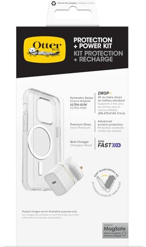 OtterBox Drop Protection Bundle for iPhone 16 Pro Max; Symmetry Series Clear MagSafe Protetive Thin Case, Premium Glass Screen Protector and UK 30W USB-C Fast Wall Charger