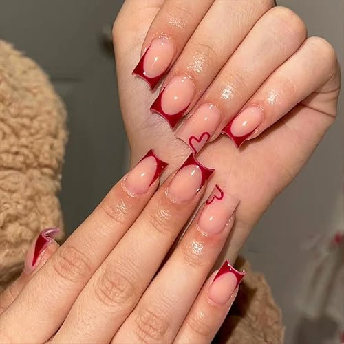 Press on Nails kurz - 24 Stück Rote Französische Nägel mit Herz Fake Nails Full Cover mit Nagelkleber, Quadratische Nägel zum Aufkleben Acryl Künstliche Fingernägel für Nail Art DIY (Weiße Herz, 24x)