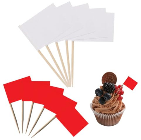 200 Stück Zahnstocher Fähnchen, Flaggenpicker, 6.5 CM Fähnchen zum Beschriften, Je 100 Stück in Weiß und Rot, Zahnstocher Papierfähnchen
