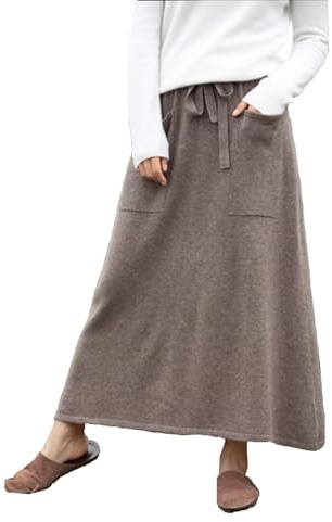 Damen Wollrock Lang Mit Taschen Kordelzug Herbst Winter Warmer Maxirock Hohe Taille Plisserock Midi Rock