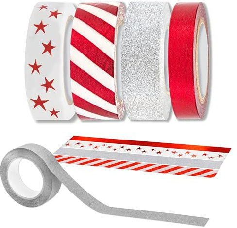Decoraparty 4 Rollen Washi Tape Rot Dekoband Silber für Geschenke, Scrapbooking, Journaling, DIY, Rolle 10 Meter