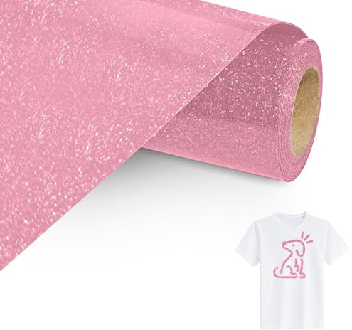 Bocguy Vinile Termoadesivo Glitter Rosa, 30.5 CM X 305 CM Rotoli di Glitter HTV Termovinile Facile da Tagliare & Diserbare, Vinile Termoadesivo per Tessuti, Cri-Cut & Cammeo (Glitter Rosa)