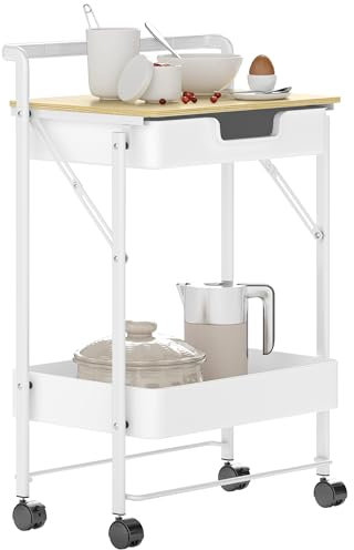 HOMCOM Carrito Auxiliar con Ruedas de 2 Niveles Carro de Cocina con 1 Cajón y 1 Cesta Carrito Organizador para Dormitorio Salón Oficina Blanco
