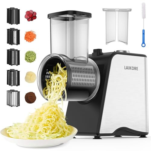 Electric Cheese Grater - 250W Electric Slicer Shredder Salad Maker with 5 Blades for Cheese, Vegetables, Fruits, and Salad, Easy One-Touch Control,5 in 1