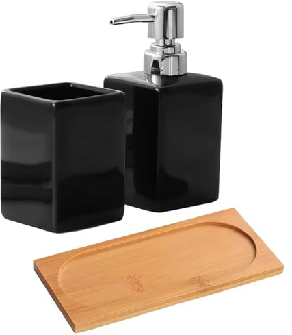 Bathroom Accessory Set, 3 Piece Ceramic Bathroom Set, Luxury Bathroom Accessories, Includes 320 ML Liquid Soap Dispenser, Bathroom Tumbler, Wood Tray, Bath Accessory Kit, Bathroom Decor (Black)