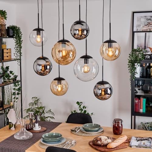 HOFSTEIN Hängeleuchte Gastor, 8-flammige Hängelampe aus Metall/Glas in Schwarz/Chrom/Rauch/Bernstein/Klar, Pendelleuchte im Vintage-Design (Schirme Ø 20; 25 cm), E27, Esszimmer, Küche, Wohnzimmer