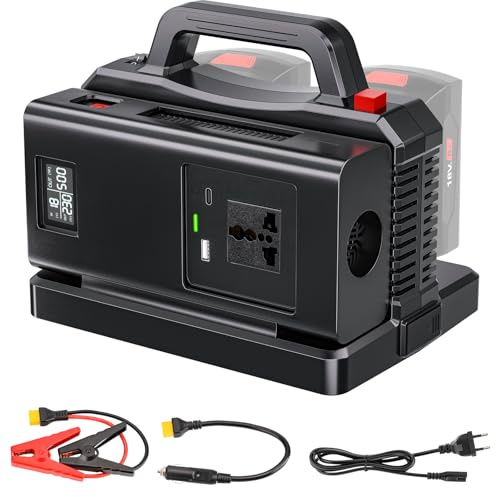 Adisipsoarin Onduleur à onde sinusoïdale pure 500W pour batterie Bosch 18V(pas de batterie), convertit 18V CC vers 230V CA, avec prise de charge voiture, pour camping et situations d'urgence (2 ports)