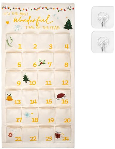 Grünara 24 Adventskalender aus Stoff zum Befüllen mit 2 Haken – dekorativer Wandteppich – wiederverwendbare Stoffbeutel zur Dekoration – Geschenksäckchen für Weihnachten (gold)