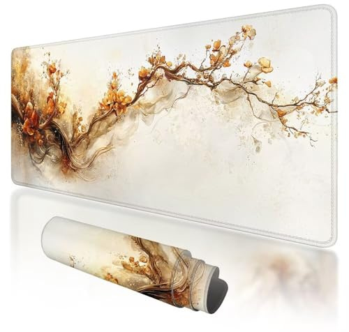 Tapis de Souris de Jeu, Grand Tapis de Souris XXL 800x400x3mm Beige Sous Main Bureau avec Bords Cousus, Gaming Mouse Pad XXL Fleur Imperméable Antidérapant pour PC, Accessoire Bureau, Gaming, G-11