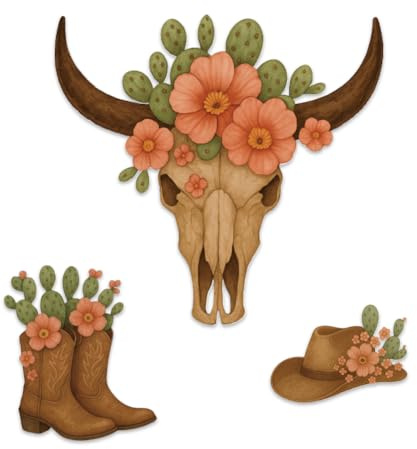 GOMAKERER 3 Stück Hölzerne Wanddekoration, Westernstil Wanddeko In Form Eines Kuhschädels Aus Holz Cowboyhut Und Stiefel Rustikale Landhaus Dekoration Für Zuhause Schlafzimmer Badezimmer Bauernhaus