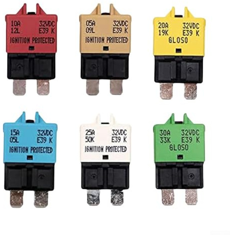 Lot de 6 fusibles de réinitialisation manuelle avec lame de disjoncteur à ampérage mixte 5 A, 10 A, 15 A, 20 A, 25 A, 30 A, pour bateau, camping-car, camion, voitures, fonction de réinitialisation