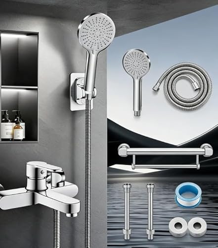 OUPADOS Badewannenarmatur mit Handbrause Komplettset,Mischbatterie Wandmontage aus Messing,3-Funktionen Duschkopf, Zweiwege-Umstellung Wannenarmatur Duschsystem,150mm Bad Wasserhahn Brausegarnitur