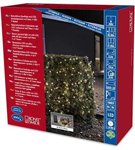 Konstsmide 3731-100 LED Lichterkette / für Außen (IP44) / Batteriebetrieben: 4xD 1.5V (exkl.) / mit Lichtsensor, 6h und 9h Timer / 480 Dioden / schwarzes Kabel, Warmweiß