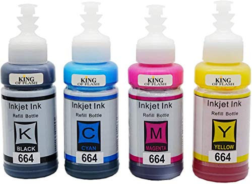 KING OF FLASH 664 Compatible with Epson 664 Ink Cartridges Bottle (T6641 T6642 T6643 T6644), for EcoTank ET-2500 ET-2550 ET-2600 ET-2650 ET-4500 ET-14000 L100 L110 L350 L355 L555 70ml each Bottles