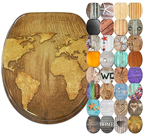 Sanilo Soft Close Toilet Seat, Wide Choice of Wooden Toilet Seats, Stable Hinges, Easy to Mount (World Map)