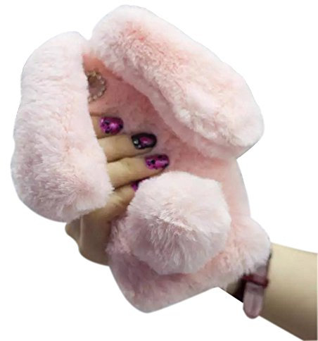 Shinetop iPhone 6 6S Faux Rabbit Fur Case, Bling Diamond Luxury Cute Soft Warm Fluffy Rex Case Winter Handmade Bunny Hair Plush with Crystal Bowknot Protective Cover for iPhone 6 6S 4.7 inch-Pink