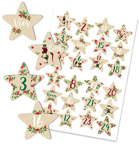 Papierdrachen 24 Adventskalender Zahlenaufkleber - Sterne - Leaves and Berries Nr 56 - Sticker - zum Basteln und Dekorieren deines ganz persönlichen Adventskalenders