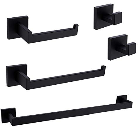 TRUSTMI Ensemble de matériel de Salle de Bain Contemporain de 5 pièces, Barre Porte-Serviette, Crochet pour Papier Toilette, Support Mural, en Acier Inoxydable SUS 304, Noir Mat