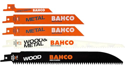 Bahco 5 Piece Reciprocating Saw Blade Set | Wood & Metal Blades | Mixed reciprocating blade set for metal wood and nail embedded timber cutting