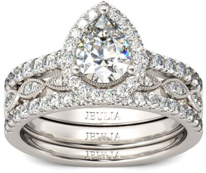 Jeulia [3 Stück Damen Halo Ringe Set Tropfen-Schliff Sterling Silber Ringe Set Schmuck für Verlobungsring Trauring Ehering (51 (16.2))