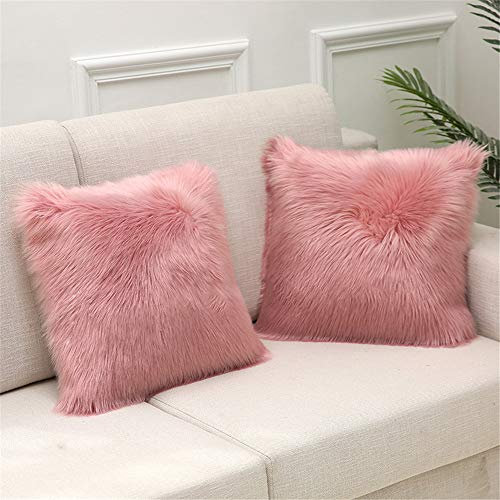 Martin Kench 2PCS Kissenbezug Kunstfell Reißverschluss Kissenhülle Kissenbezüge Fellkissen Sofakissen Fell Bezüge Kissen Hülle Sofa Deko Hüllen (Leder pink,45 * 45cm)