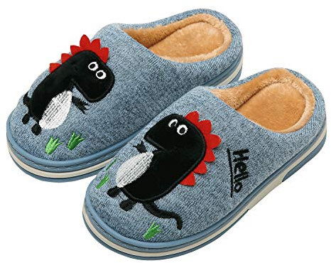 INMINPIN Kinder Winter Baumwolle Pantoffeln Wärme Weiche Plüsch Hausschuhe Kuschelige Slipper mit Cartoon Dinosaurier für Mädchen Jungen,Blau,29/30 EU = Etikettengröße 30/31
