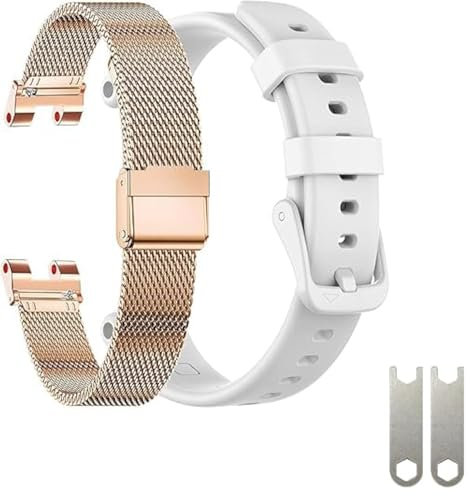 EANWireless Compatible avec Garmin Lily Band, bracelet de rechange en acier inoxydable milanais + silicone pour montre intelligente pour femme, or rose + blanc