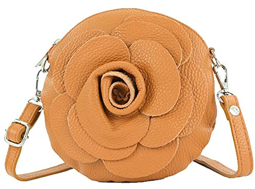 modamoda de T225 Damen Leder Umhängetasche Abendtasche Clutch Blüte Klein handmade in Italy, Farbe:Cognac