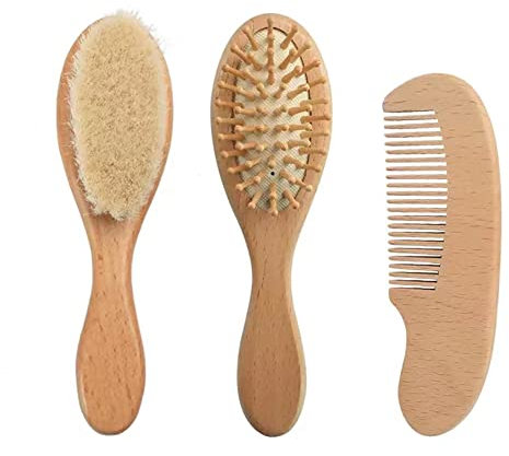 PandaEar Juego de cepillo y peine para recién nacidos, madera natural y cerdas suaves de cabra, cepillo de masaje para bebés