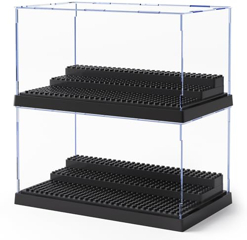 Mlikero 2 Pack Minifigure Display Case for Action Figures Blocks, Clear Dustproof Acrylic Display Box Storage with 3 Movable Steps Gifts for Children,Black…