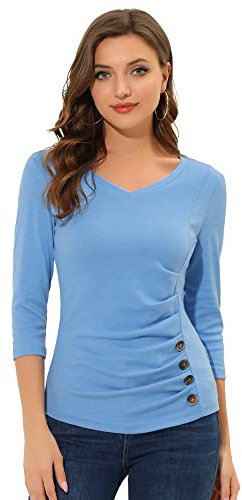 Allegra K Women's V Neck Blouse 3/4 Sleeves Solid Knitted Buttons Decor Ruched Top Light Blue 12