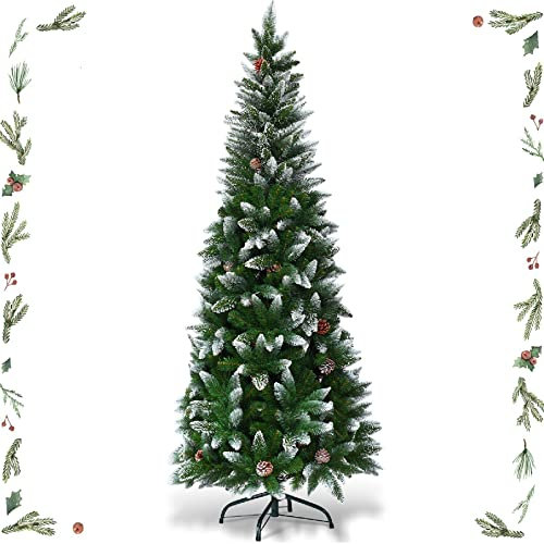 GYMAX Albero di Natale Slim 220 cm, 720 Rami Artificiali in PVC Ignifugo, Folto e Realistico, 39 Pigne Decorative, Supporto in Ferro, Divisibile in 3 Parti, Montaggio e Trasporto Facile