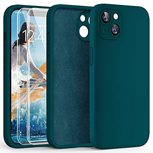 HATOSHI 3 in 1 for iPhone 13 Case, with 2 Pack HD Screen Protector, [Upgraded Full Camera Protection] Liquid Silicone Silky-Soft Touch Slim Shockproof [Anti-Scratch] [Multi-Color] 6.1 inch, Teal
