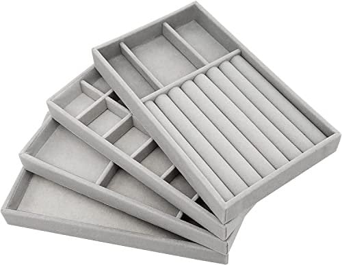 PIQIUQIU Organizador Joyero, 4 Bandejas Apilables para Joyas, Cajón para Almacenar y Presentar Pendientes, Collares y Anillos (Gris)