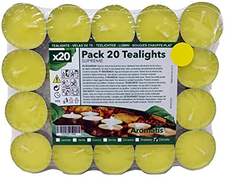 AROMATIS - 20 x Bougies de Thé Parfum Citronnelle Anti-moustiques - Bougies d'Odeur individuelles Ø 39 mm - Idéal Aromathérapie, Décoration, Ambiance, Brûleur d'Essence