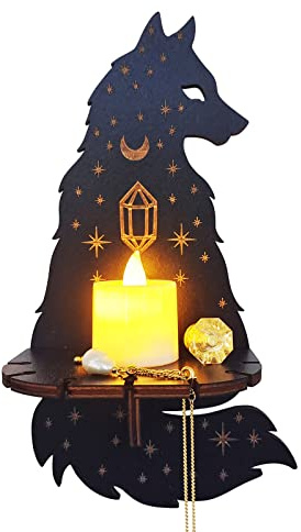 Fuchs-Regal aus Holz für Kristalle, Schwarze Regale mit LED-Kerze, Rustikale Boho-Regale, Wandmontierter Kristall-Ausstellungsständer, Hängende Schwebende Holzregale für Kristallhalter,(Fuchs)